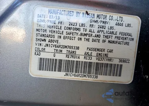 2013 Infiniti G37 z USA, uszkodzony, nr VIN JN1CV6AR2DM765338